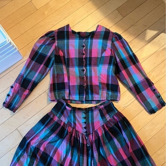 Vintage The Cotton Collection Matching Checkered Long Sleeve Blouse & Sk… - Picture 2 of 16